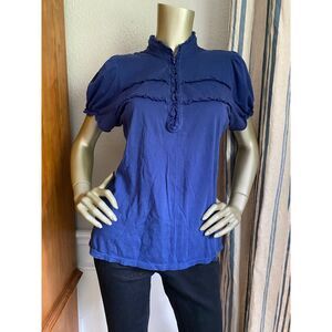 EUC Little Yellow Button Navy Puff Sleeve Victorian Ruffle Tee M